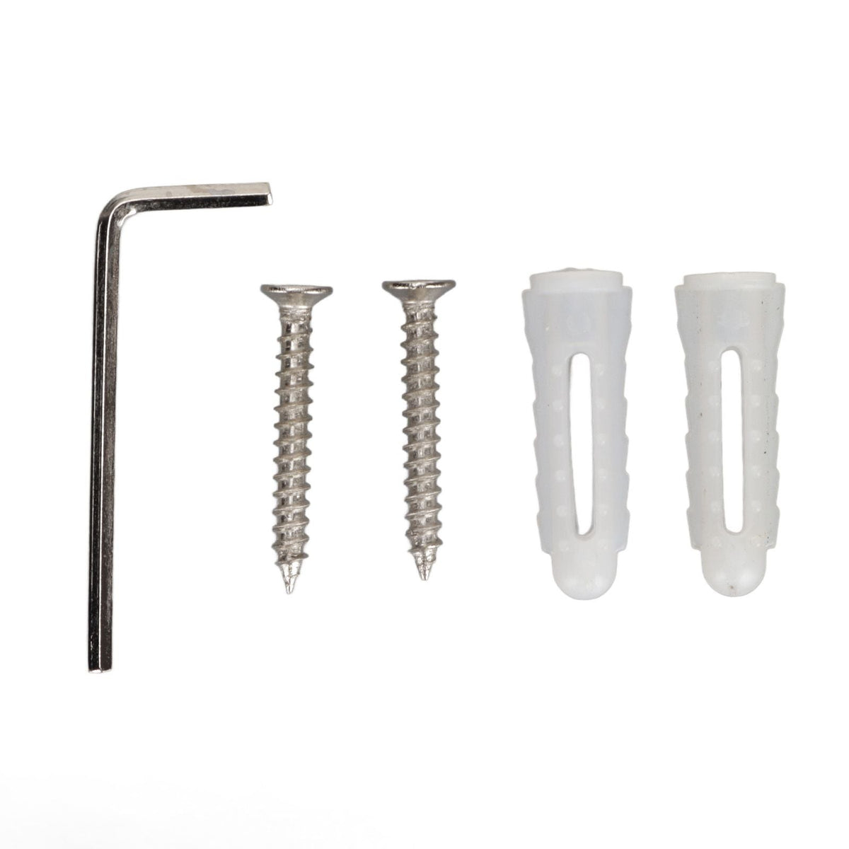 Towel Ring Space Aluminum mounting kit with a silver L-shaped Allen key, two screws and two white wall plugs