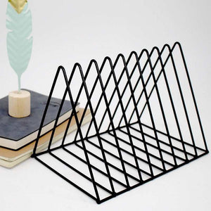 Triangle File Folder Racks in black metal wire, featuring nine geometric dividers and a stable triangular base