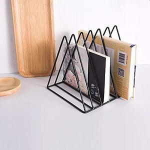 Triangle File Folder Racks in black metal wire, with triangular dividers holding books, folders and papers in separate slots