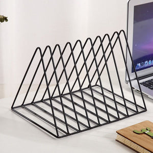 Triangle File Folder Racks in black metal wire, with a geometric triangular base and multiple open dividers for sorting files