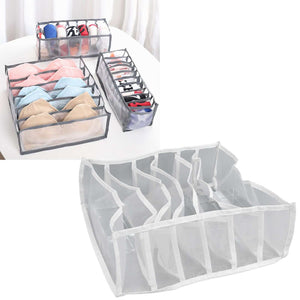 Underwear Storage Box with translucent mesh nylon, six white divided compartments and foldable drawer organiser design