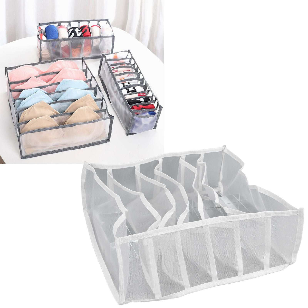 Underwear Storage Box with translucent mesh nylon, six white divided compartments and foldable drawer organiser design