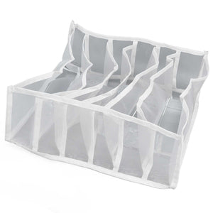 Underwear Storage Box with six divided compartments, made from translucent white mesh with reinforced white fabric edging.