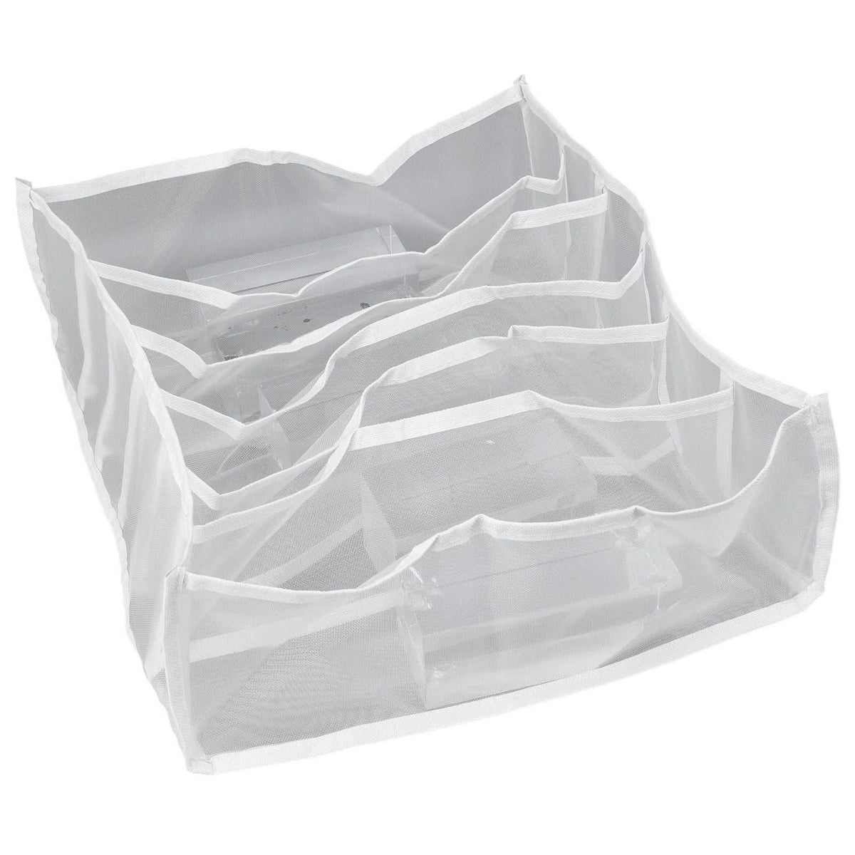 Underwear Storage Box, a white translucent mesh drawer organiser with six divided compartments and reinforced edging