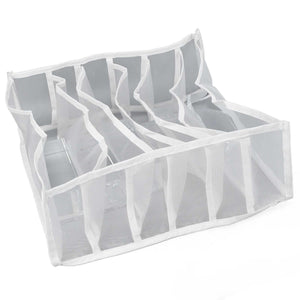 Underwear Storage Box in white mesh with six divided compartments, reinforced fabric edging and a foldable design