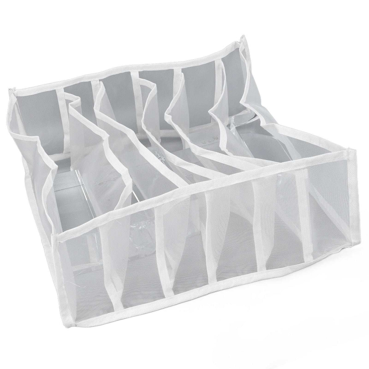 Underwear Storage Box in white mesh with six divided compartments, reinforced fabric edging and a foldable design