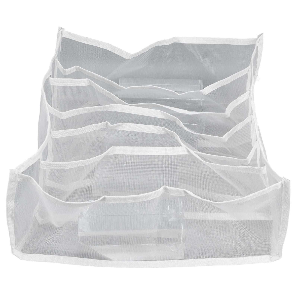 Underwear Storage Box in white mesh with six divided compartments, breathable fabric sides and a foldable design