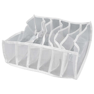 Underwear Storage Box made from white breathable mesh with six divided compartments and reinforced fabric edging