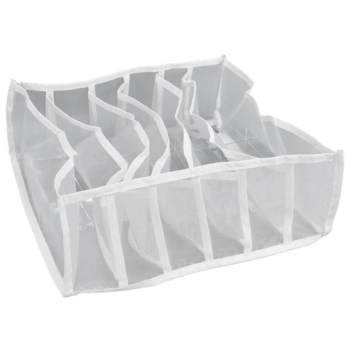 Underwear Storage Box in white nylon mesh, featuring six divided compartments and a lightweight foldable design