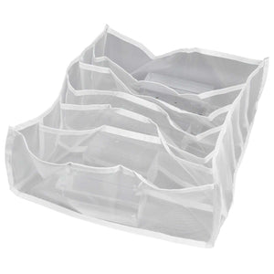 Underwear Storage Box in white nylon mesh with six open compartments and reinforced fabric edging, foldable design