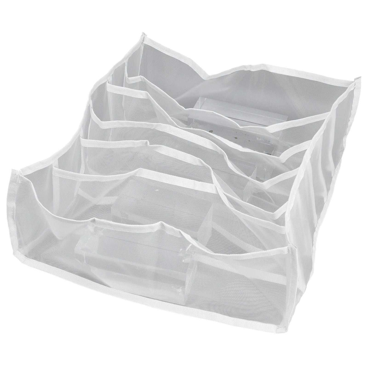 Underwear Storage Box in white nylon mesh with six open compartments and reinforced fabric edging, foldable design