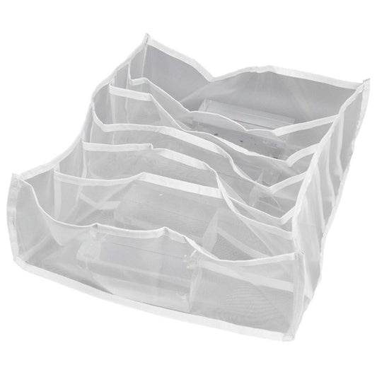 Underwear Storage Box in white nylon mesh with six open compartments and reinforced fabric edging, foldable design