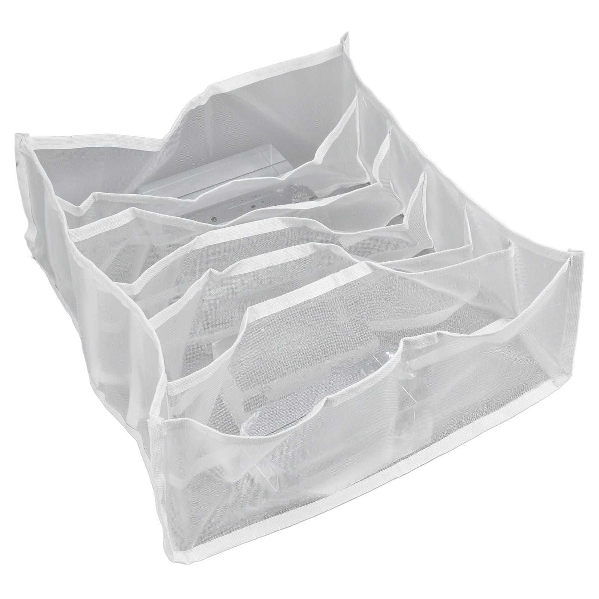 Underwear Storage Box in white translucent nylon mesh with six divided compartments and a foldable, breathable design
