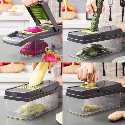 Vegetable Chopper with a clear container, dark gray lid, and green blade inserts slicing and grating vegetables