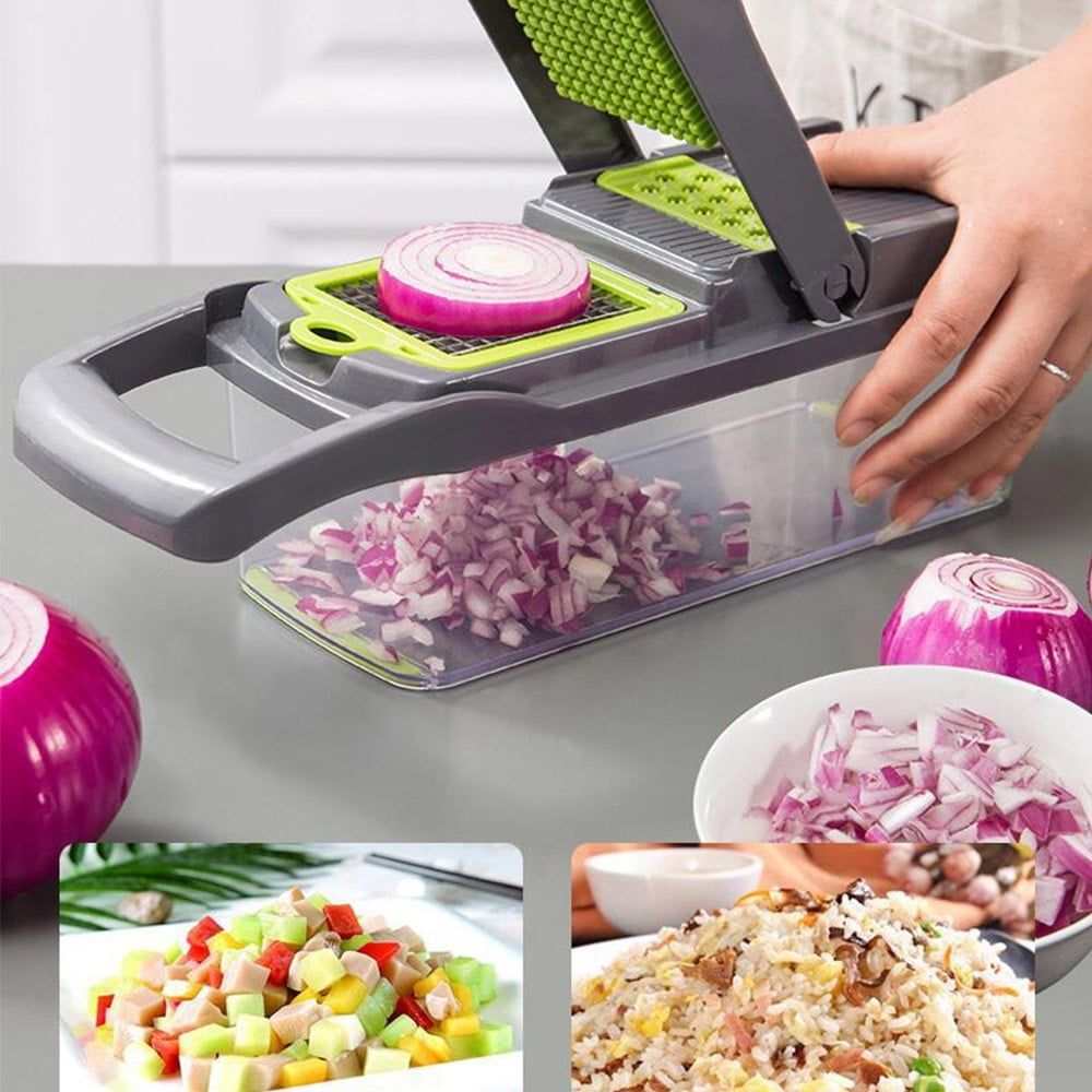 Vegetable Chopper with gray and bright green plastic frame, stainless steel cutting grid, and clear container holding chopped red onion