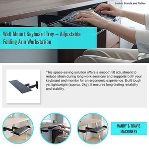 Wall Mount Keyboard Tray in black aluminium with adjustable folding arm and ergonomic tilt for space-saving workstation setup