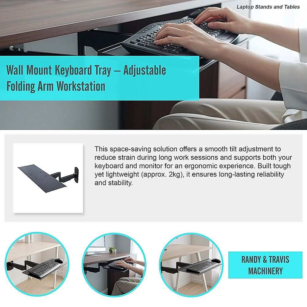 Wall Mount Keyboard Tray in black aluminium with adjustable folding arm and ergonomic tilt for space-saving workstation setup