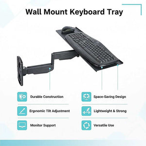 Wall Mount Keyboard Tray in black with adjustable folding arm, ergonomic tilt, and durable polished aluminium construction.
