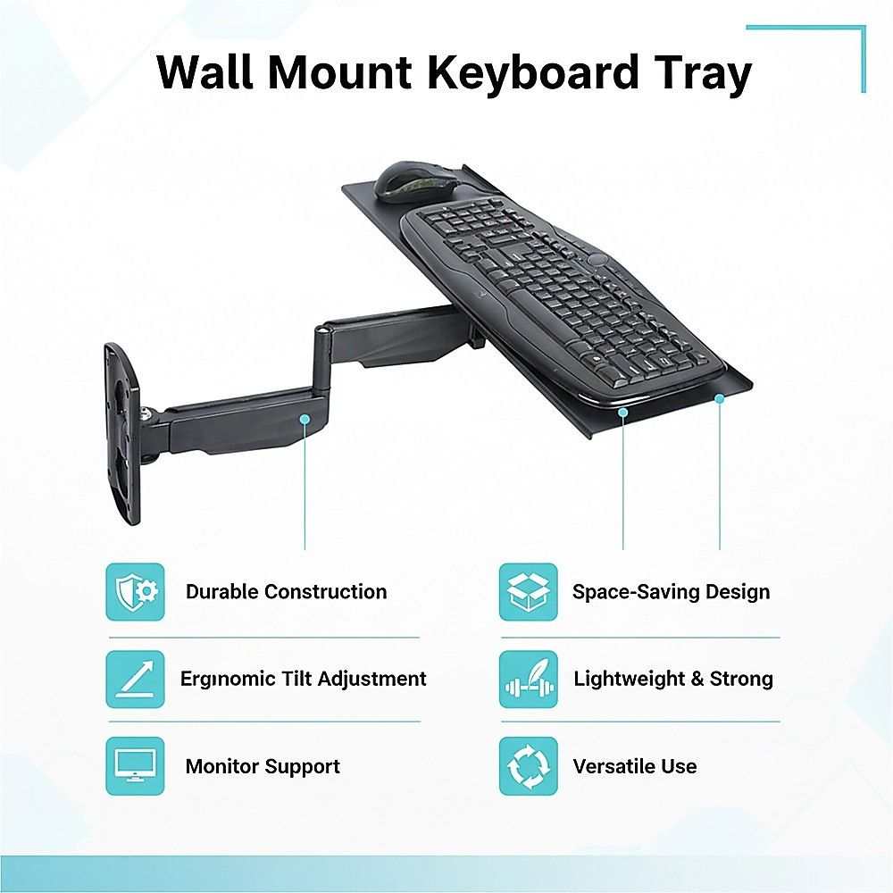 Wall Mount Keyboard Tray in black with adjustable folding arm, ergonomic tilt, and durable polished aluminium construction.