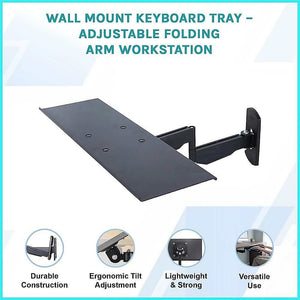 Wall Mount Keyboard Tray in black aluminium with adjustable folding arm and ergonomic tilt for space-saving workstation setup.