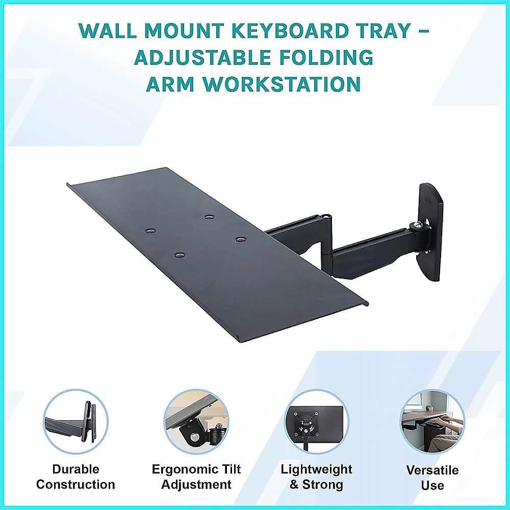 Wall Mount Keyboard Tray in black aluminium with adjustable folding arm and ergonomic tilt for space-saving workstation setup.