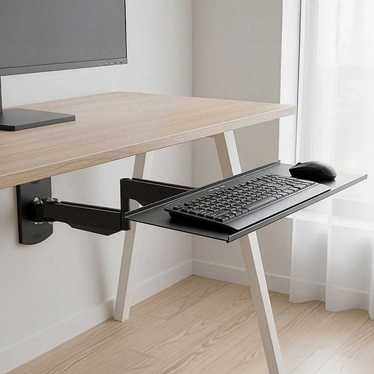 Wall Mount Keyboard Tray in black aluminium with adjustable folding arm and tilting surface holding keyboard and mouse