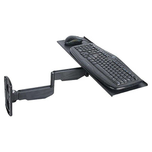 Wall Mount Keyboard Tray with adjustable folding arm in black aluminium, designed to hold keyboard and mouse with ergonomic tilt.