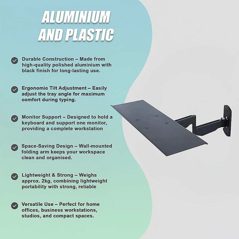 Wall Mount Keyboard Tray in black polished aluminium and plastic with adjustable ergonomic tilt and folding arm design.