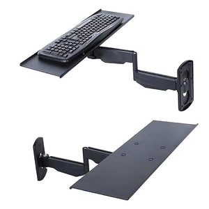 Wall Mount Keyboard Tray in black aluminium with adjustable folding arm and tilting flat surface for keyboard placement.