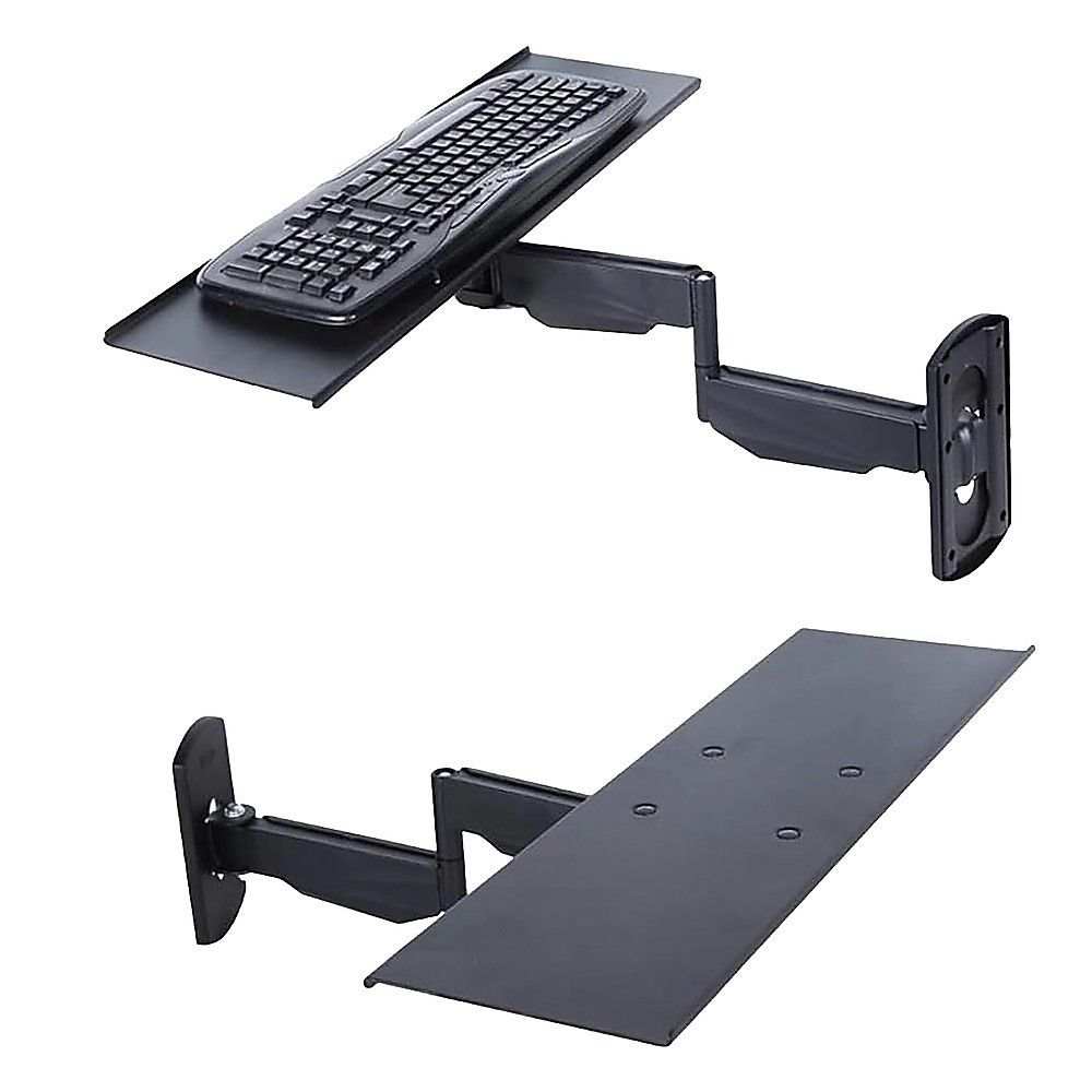 Wall Mount Keyboard Tray in black aluminium with adjustable folding arm and tilting flat surface for keyboard placement.