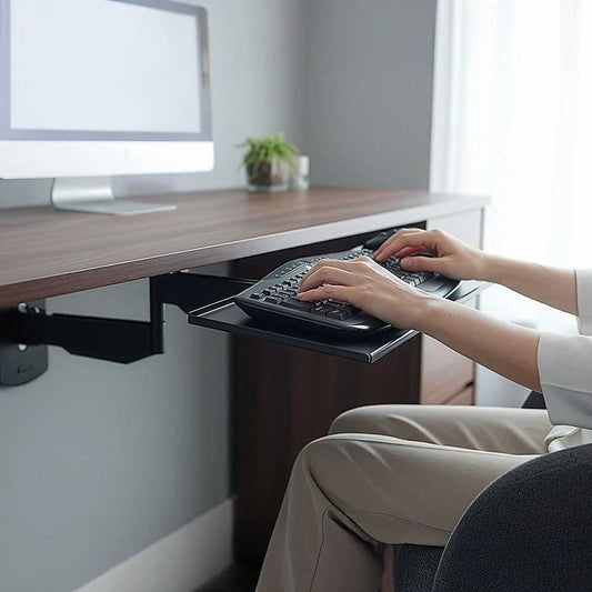 Wall Mount Keyboard Tray in black aluminium with adjustable folding arm, mounted under a wooden desk with ergonomic tilt.