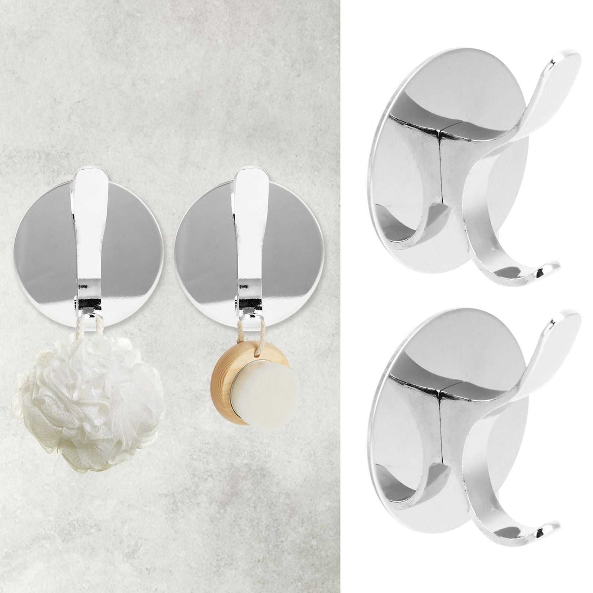 Wall Mounted Clothes Hook pair with polished silver metal finish, rounded adhesive bases, and curved double hooks
