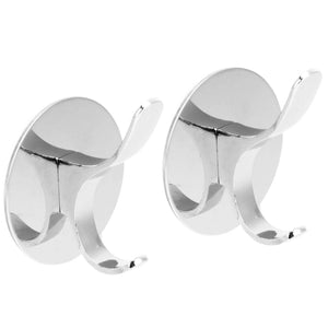 Wall Mounted Clothes Hook pair in polished silver metal, with rounded backplates and curved double-prong hooks
