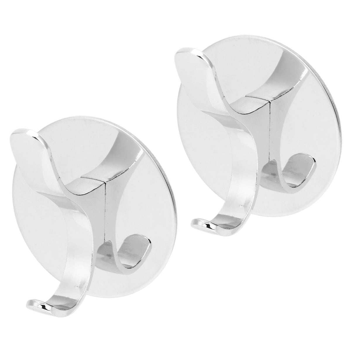 Wall Mounted Clothes Hook pair in polished silver metal, each with a round backplate and curved double hook design