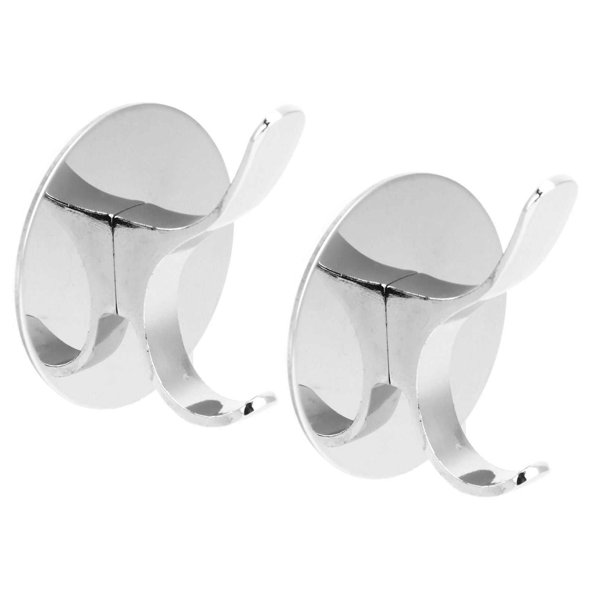 Wall Mounted Clothes Hook pair in polished silver metal, with smooth oval backplates and curved double-prong hooks