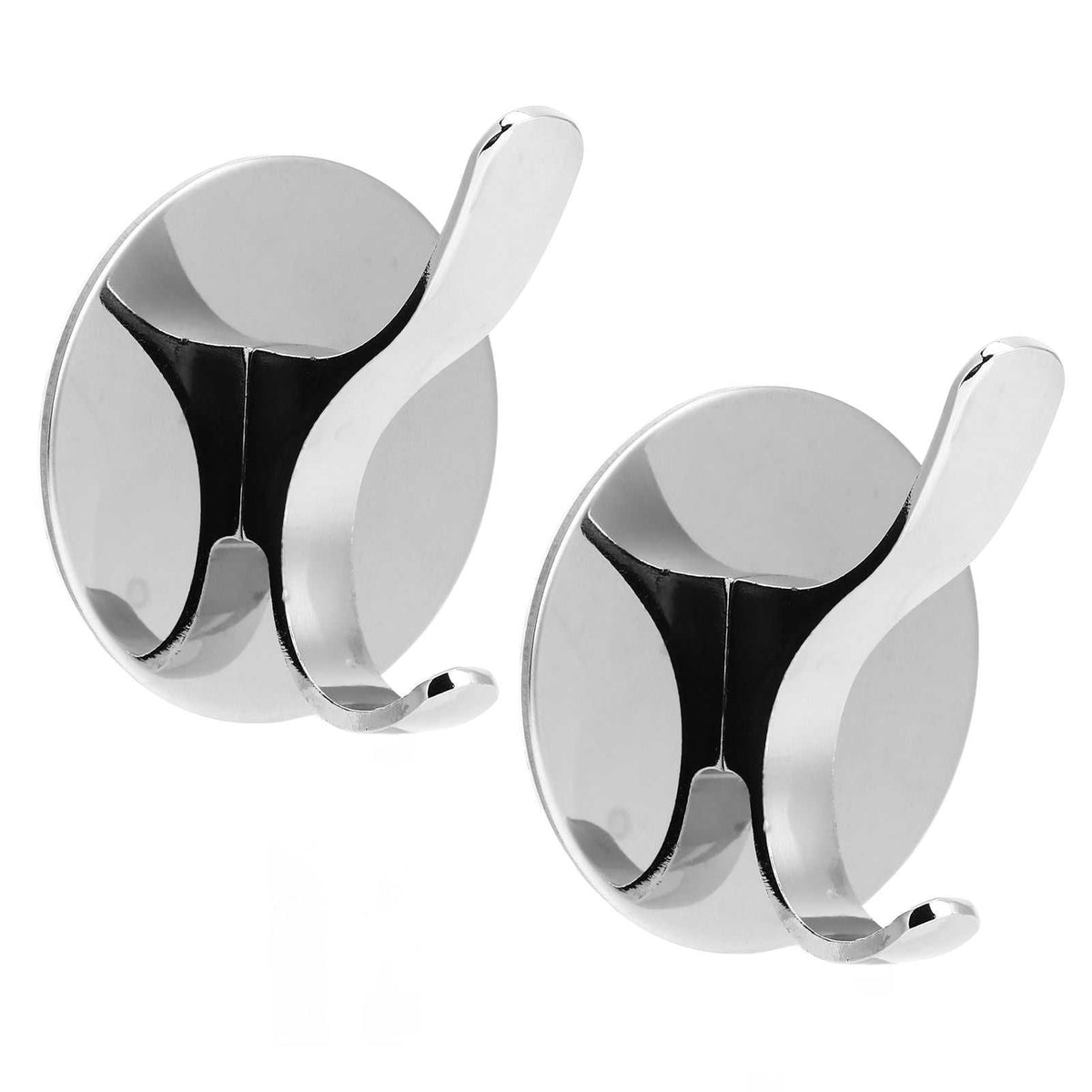 Wall Mounted Clothes Hook set of two polished silver metal hooks with rounded backplates and curved double-prong arms