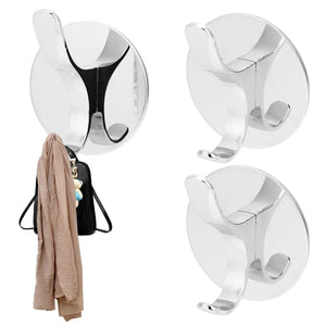 Wall Mounted Clothes Hook set in shiny silver metal with round backplates, curved double hooks and one holding a scarf and bag