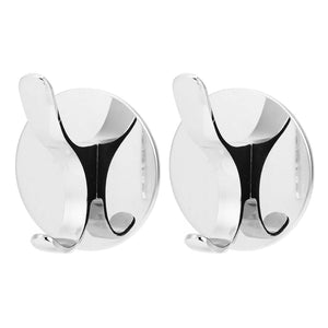 Wall Mounted Clothes Hook pair in polished silver stainless steel, with rounded backplates and curved double-prong hooks
