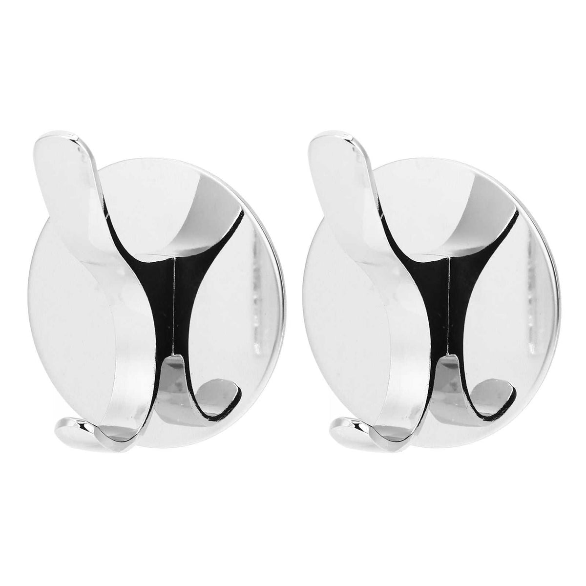 Wall Mounted Clothes Hook pair in polished silver stainless steel, with rounded backplates and curved double-prong hooks