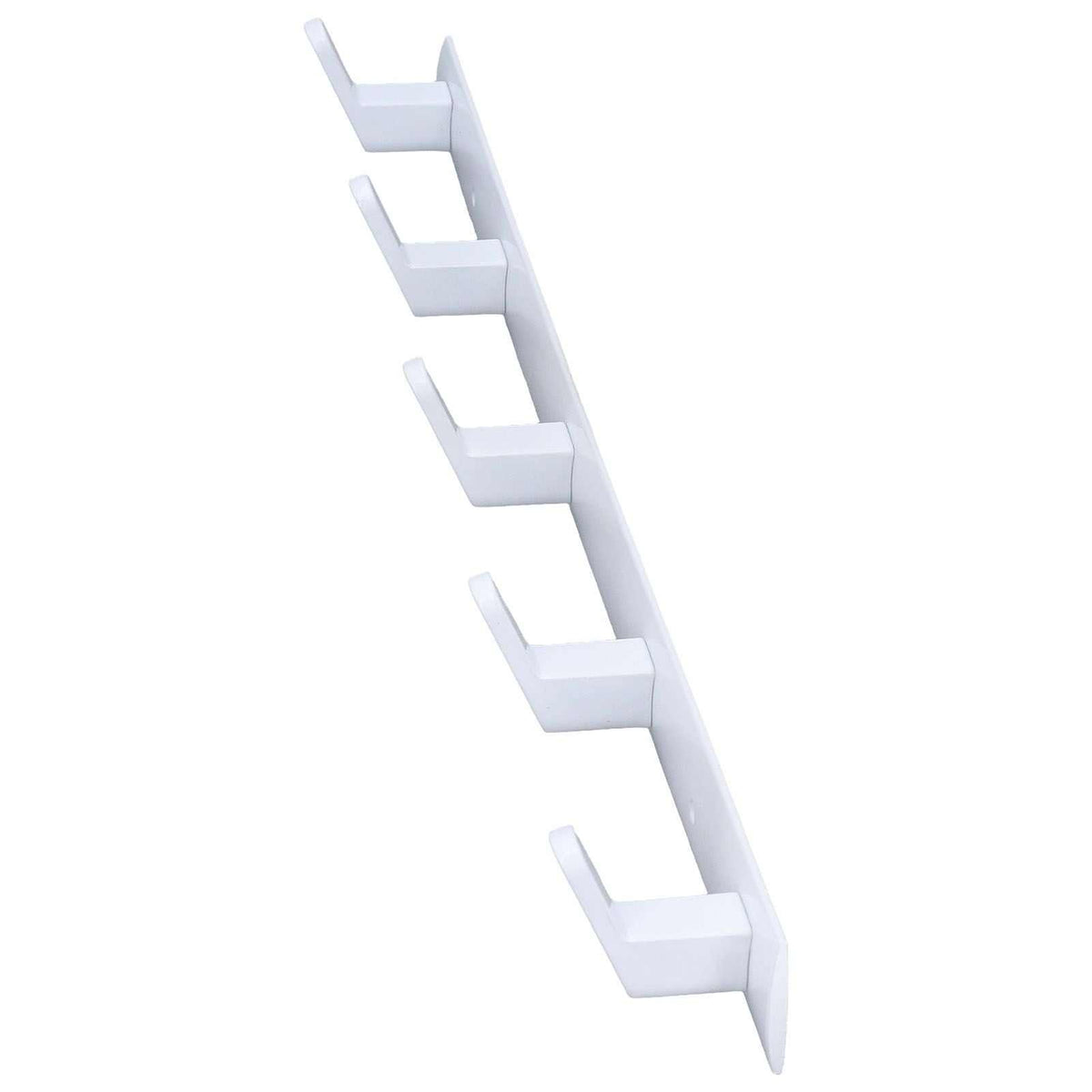 Wall Mounted Coat Rack in white aluminium with five evenly spaced angular hooks and a slim modern rail