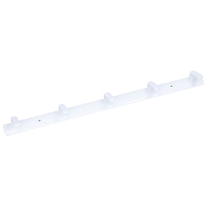 Wall Mounted Coat Rack in white aluminium with five evenly spaced upward hooks and two mounting holes along a slim bar