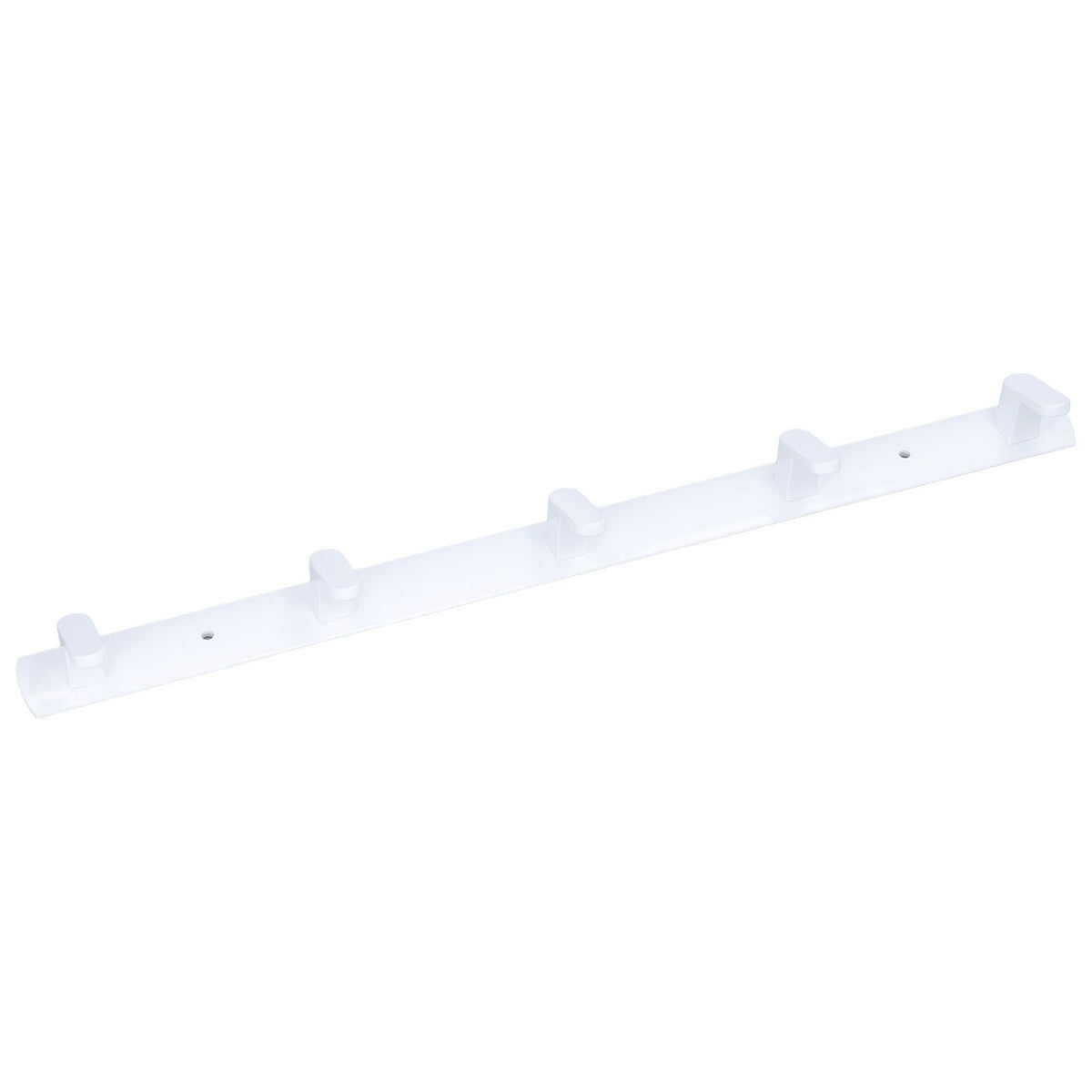 Wall Mounted Coat Rack in white aluminium with five evenly spaced upward hooks and two mounting holes along a slim bar