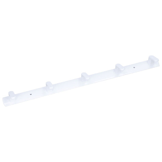 Wall Mounted Coat Rack in white aluminium with five evenly spaced upward hooks and two mounting holes along a slim bar
