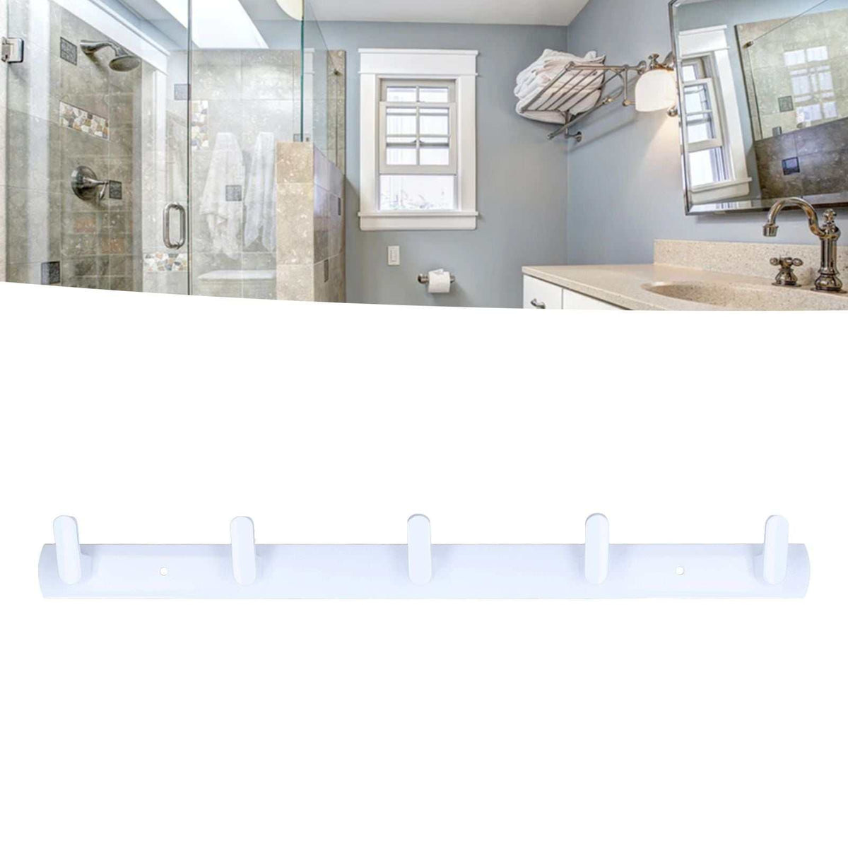 Wall Mounted Coat Rack in white aluminium with a slim rectangular rail and five evenly spaced curved hooks