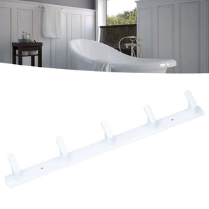 Wall Mounted Coat Rack in white aluminium with five upright hooks, a slim rail and visible mounting holes.
