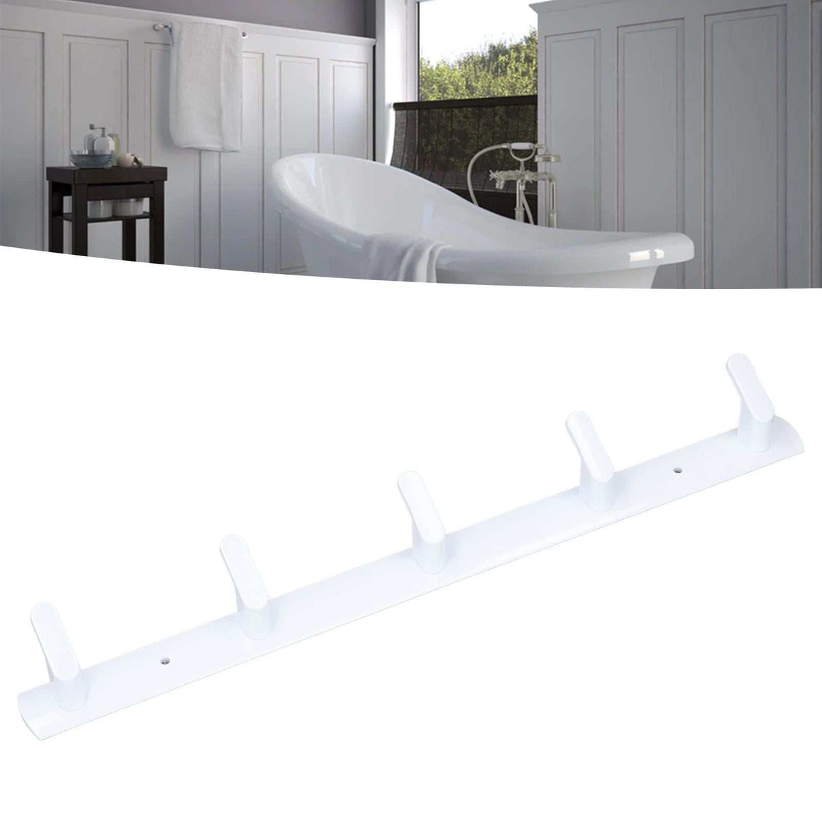 Wall Mounted Coat Rack in white aluminium with five upright hooks, a slim rail and visible mounting holes.
