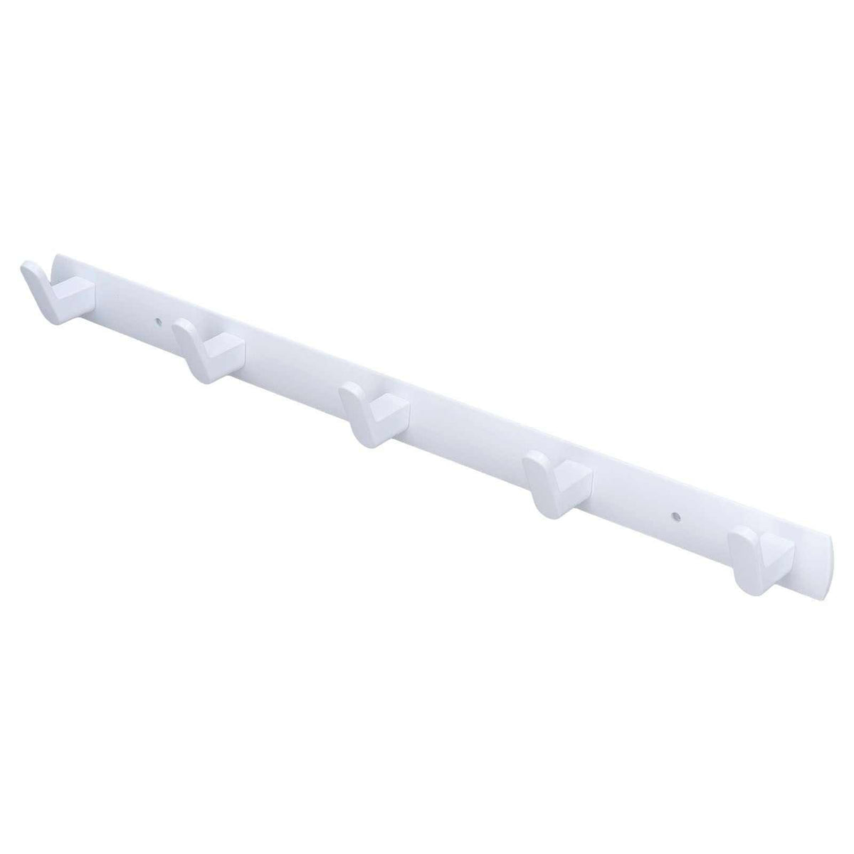 Wall Mounted Coat Rack in white aluminium with a slim bar and five evenly spaced outward-curving hooks