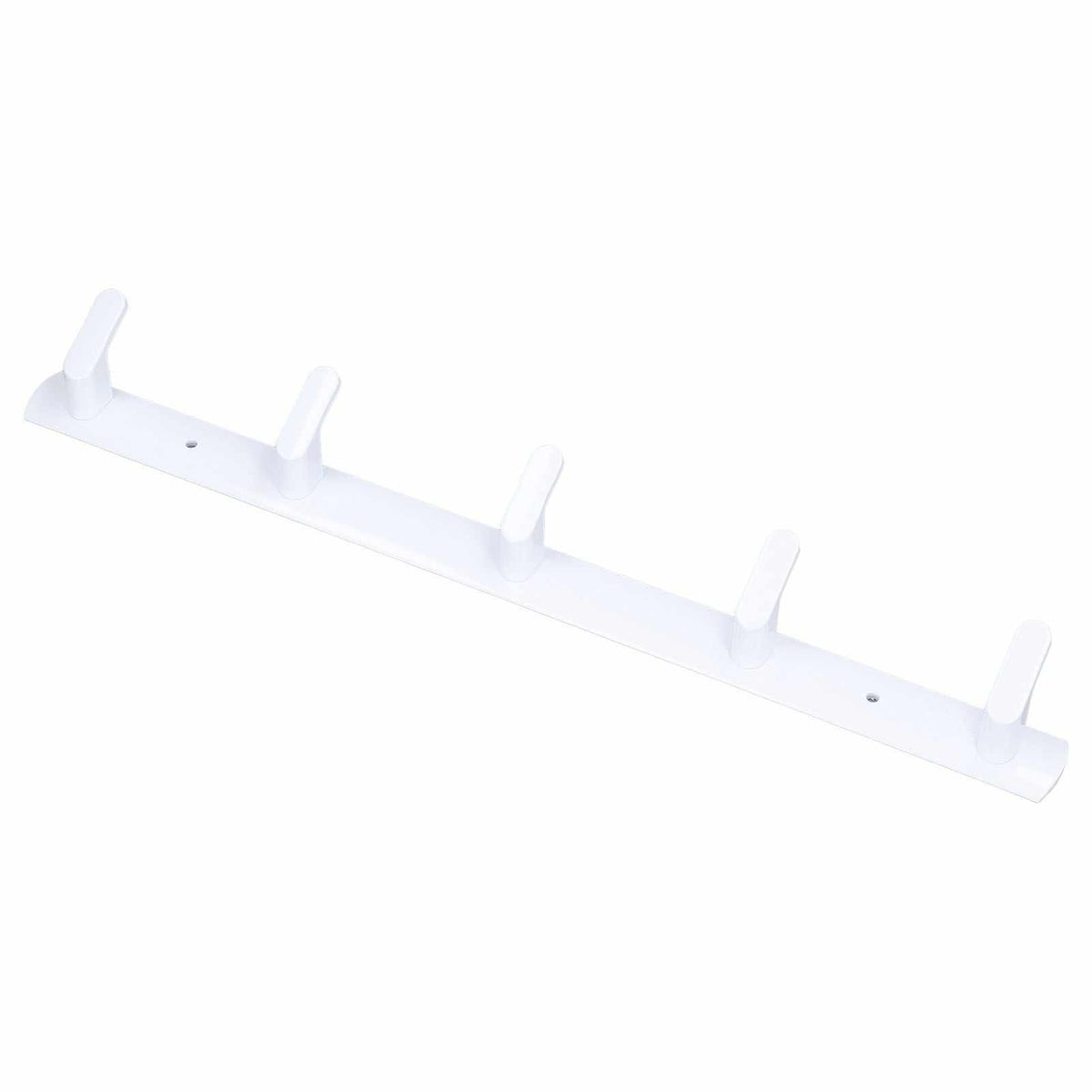 Wall Mounted Coat Rack in white aluminium with five evenly spaced hooks and a slim, straight rail.