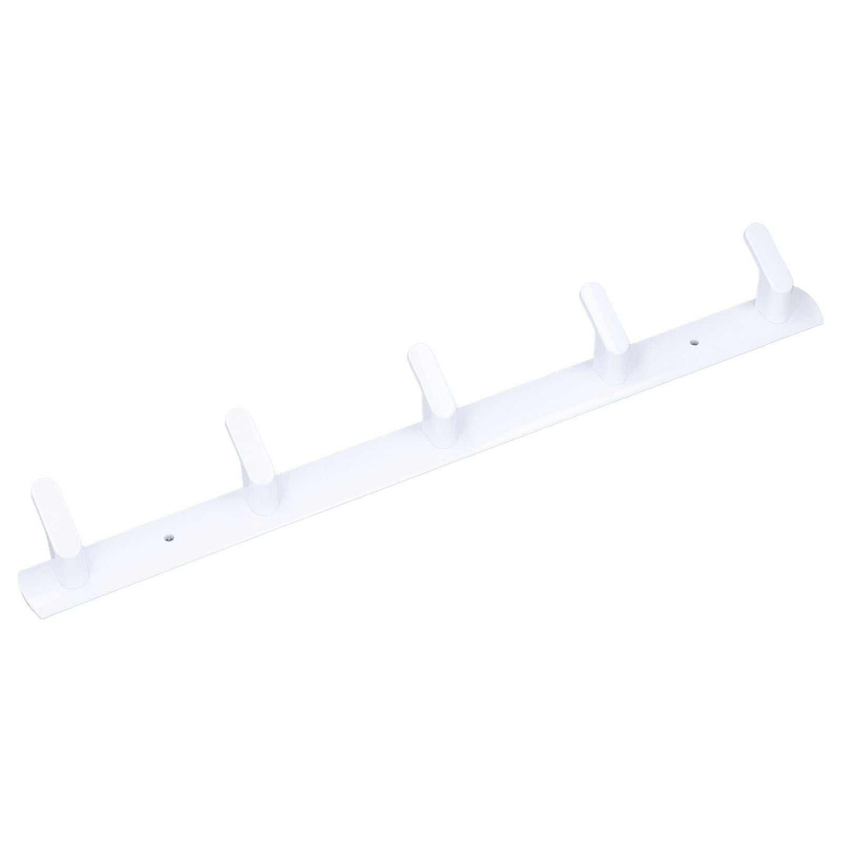 Wall Mounted Coat Rack in white aluminium with five evenly spaced upward hooks and a slim rectangular rail