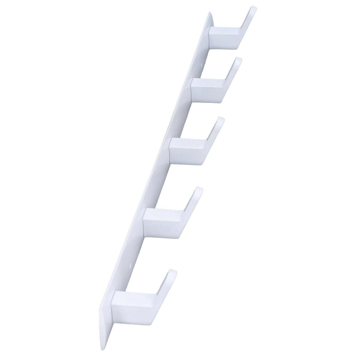 Wall Mounted Coat Rack in white aluminium with five evenly spaced angular hooks and a slim minimalist profile